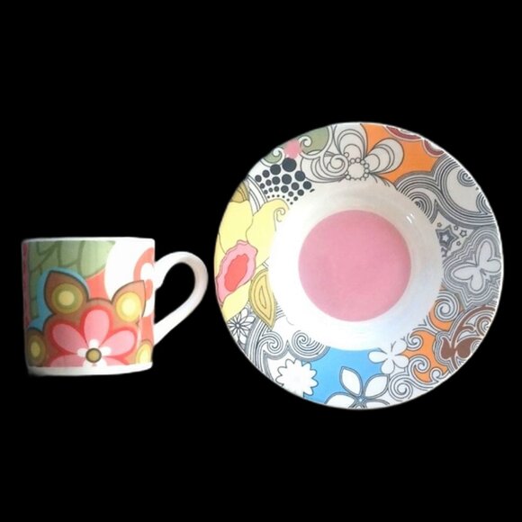 French Bull Other - French Bull Jackie Shapiro Espresso Cup Saucer Set Ceramic Multi-color Floral